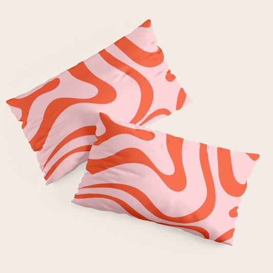 Modern Retro Liquid Swirl Abstract Pattern in Light Pink and Red Orange Pillow Sham Gallery Image 2