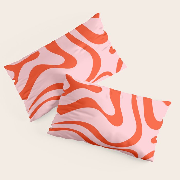 Modern Retro Liquid Swirl Abstract Pattern in Light Pink and Red Orange Pillow Sham Gallery Image 4