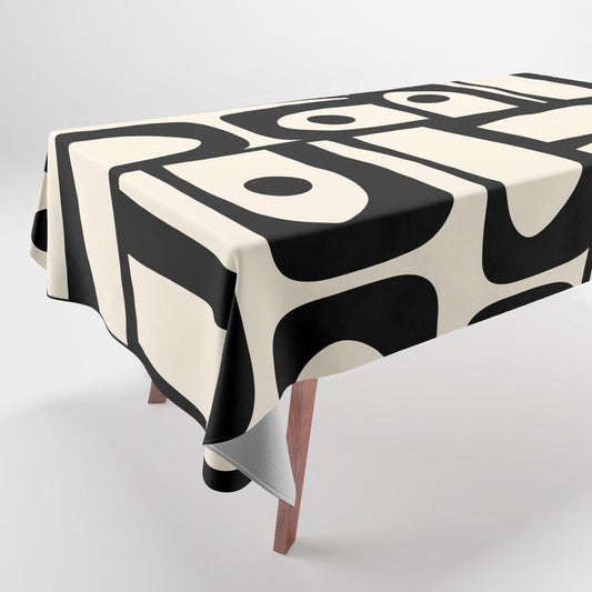 Mid Century Modern Piquet Multi Abstract Retro Geometric Pattern in Black and Cream Tablecloth Gallery Image 1