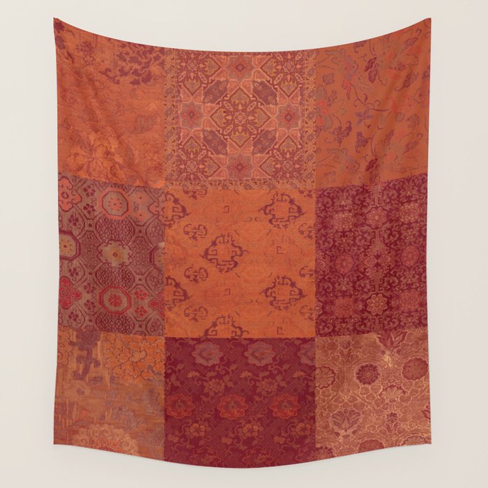 Vintage Bohemian Quilt in Burnt Orange Wall Tapestry Gallery Image 4