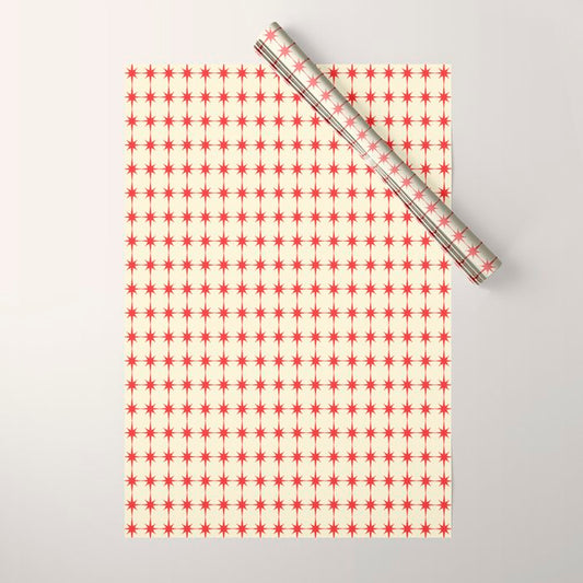 Mid Century Modern Atomic Stars Grid in Retro Christmas Red and Cream Wrapping Paper Gallery Image 1