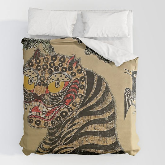Striped Vintage Minhwa Tiger and Magpie Duvet Cover Gallery Image 2