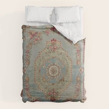 Antique French Rose Blue Aubusson Duvet Cover Gallery Image 1