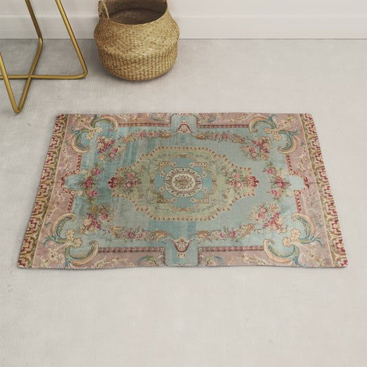 Antique French Rose Blue Aubusson Rug Gallery Image 1