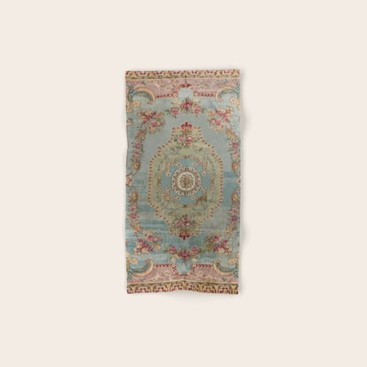 Antique French Rose Blue Aubusson Hand & Bath Towel Gallery Image 1