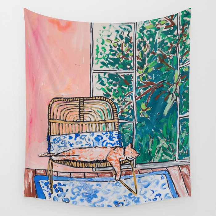 Napping Ginger Cat in Pink Jungle Garden Room Wall Tapestry Gallery Image 3