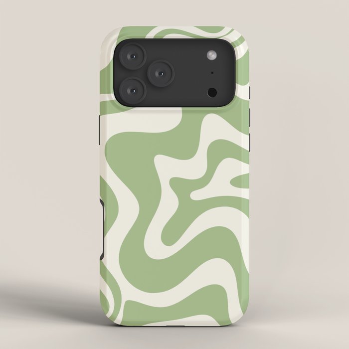 Retro Liquid Swirl Abstract Pattern in Light Sage Green and Cream iPhone Case Gallery Image 4