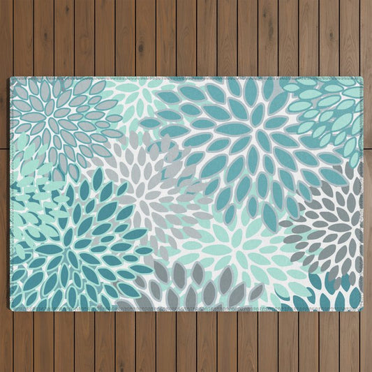 Modern, Floral Prints, Teal and Gray Outdoor Rug Gallery Image 2
