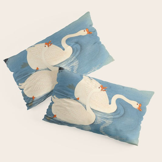 Shoson Two Geese Swimming Near Shore Antique Japanese Woodblock Print Pillow Sham Gallery Image 2