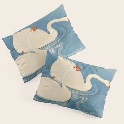 Shoson Two Geese Swimming Near Shore Antique Japanese Woodblock Print Pillow Sham Gallery Image 3