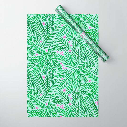 Winter Berries & Pine Branches in Green Wrapping Paper Gallery Image 1