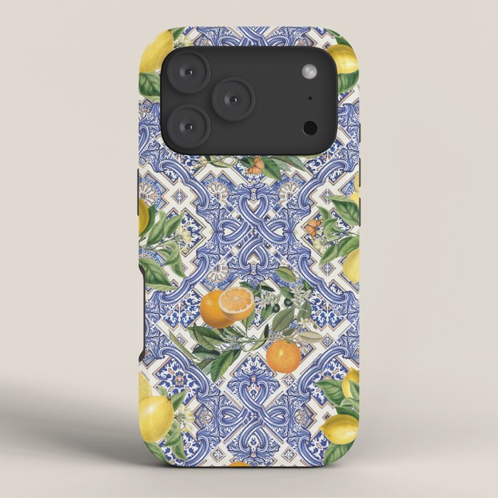 Mediterranean blue ceramic tiles, citrus fruit, lemons and oranges iPhone Case Gallery Image 3