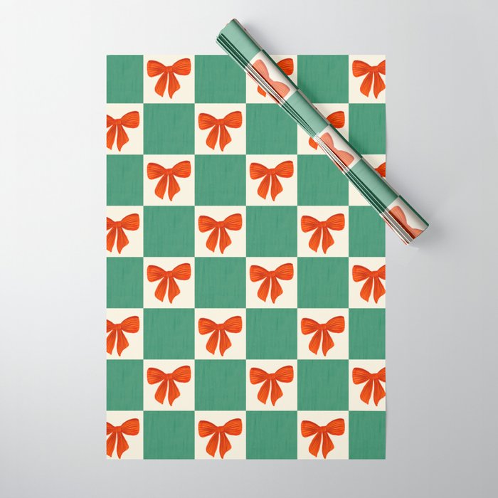 Charming Red Bow Checkerboard Pattern - Festive Holiday Background Wrapping Paper Gallery Image 1