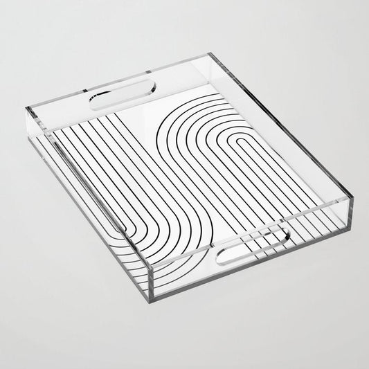 Minimal Line Curvature I Black and White Mid Century Modern Arch Abstract Acrylic Tray Gallery Image 1