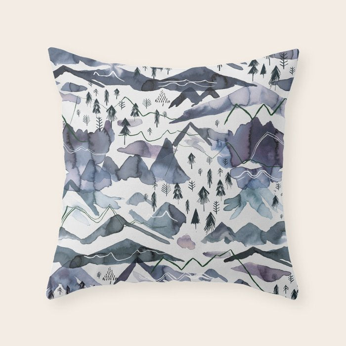Mountains Watercolor Nature Trees Ski Snow Blue Indigo Throw Pillow Gallery Image 6
