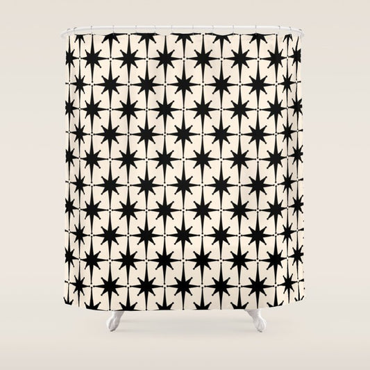 Midcentury Modern Atomic Age Starburst Pattern in Black and Almond Cream Shower Curtain Gallery Image 1