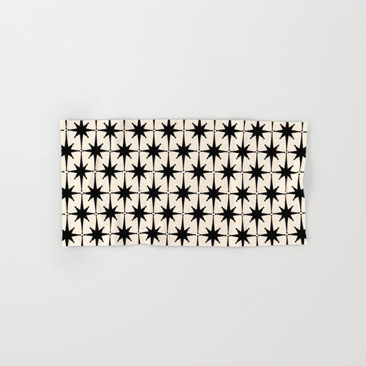 Midcentury Modern Atomic Age Starburst Pattern in Black and Almond Cream Bath Towel Gallery Image 1
