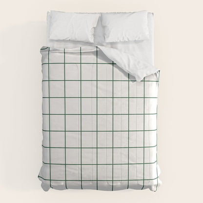 Grid Pattern White Forest Green Windowpane Graph Check Stripe Lines Minimalist Stripes Line Drawing Comforter Gallery Image 1
