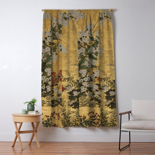 Red White Chrysanthemums Vintage Floral Japanese Gold Leaf Screen Window Curtain Gallery Image 1