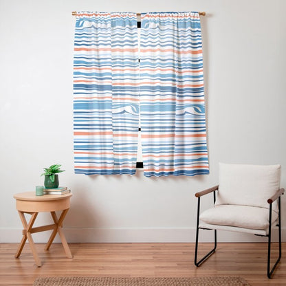 Modern Abstract Ocean Wave Stripes in Classic Blues and Orange Window Curtain Gallery Image 11