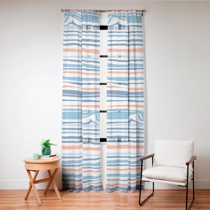 Modern Abstract Ocean Wave Stripes in Classic Blues and Orange Window Curtain Gallery Image 24
