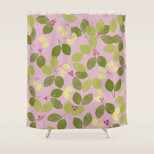 Summer Leaves and Berries on Pink Shower Curtain Gallery Image 1