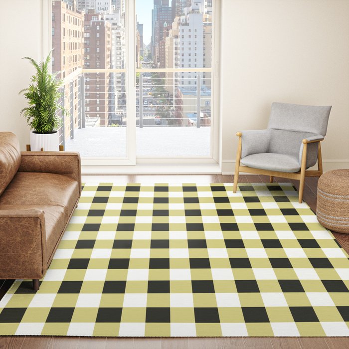 Gingham Large Yellow Black White Rug Gallery Image 4
