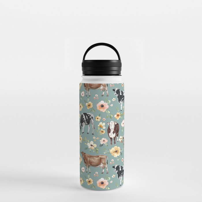 Cows and Flowers on Country Blue, Yellow Flowers, Cow Floral, Pink Flowers Water Bottle Gallery Image 3