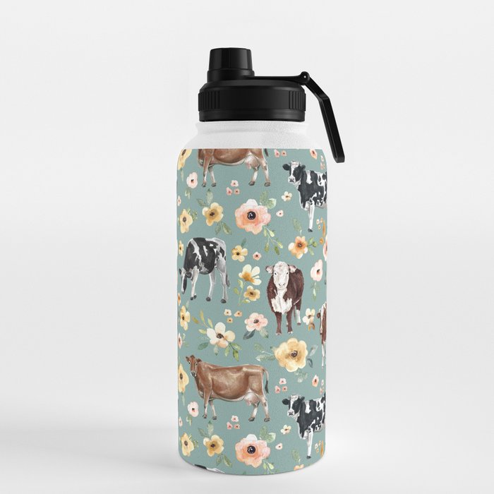 Cows and Flowers on Country Blue, Yellow Flowers, Cow Floral, Pink Flowers Water Bottle Gallery Image 5