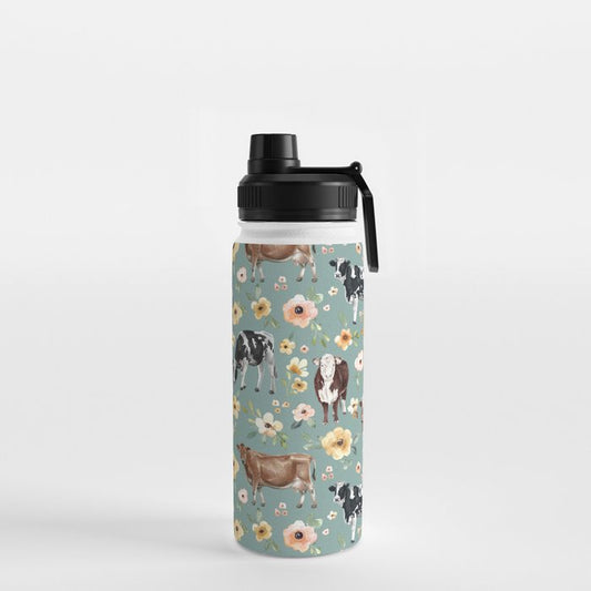 Cows and Flowers on Country Blue, Yellow Flowers, Cow Floral, Pink Flowers Water Bottle Gallery Image 2