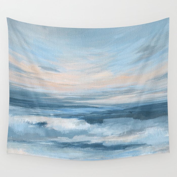 Low Tide - Blue & Coral Abstract Coastal Seascape Wall Tapestry Gallery Image 2