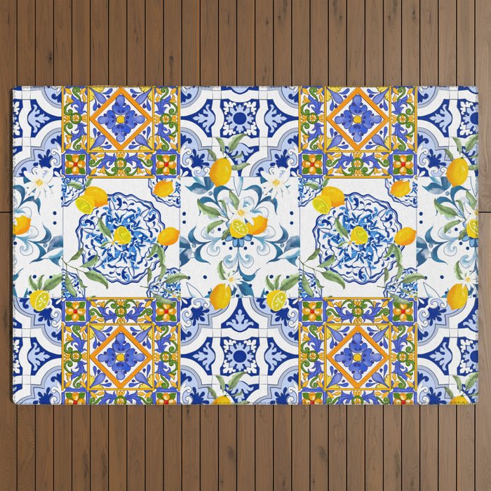 Summer, citrus ,Mediterranean style ,flowers,lemon fruit pattern Outdoor Rug Gallery Image 3