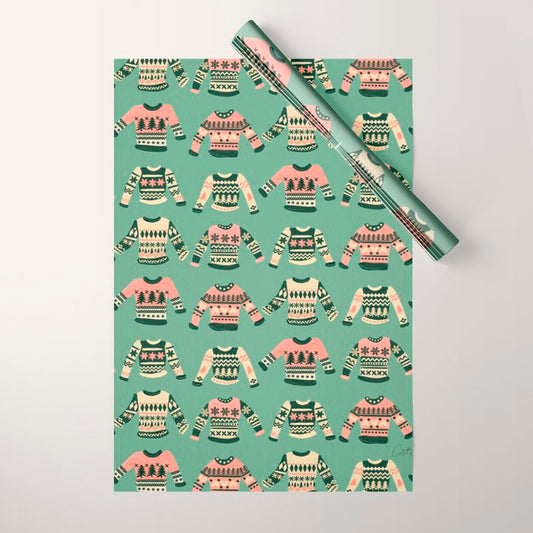 Christmas Sweaters - Vintage Blush Mint Palette Wrapping Paper Gallery Image 1