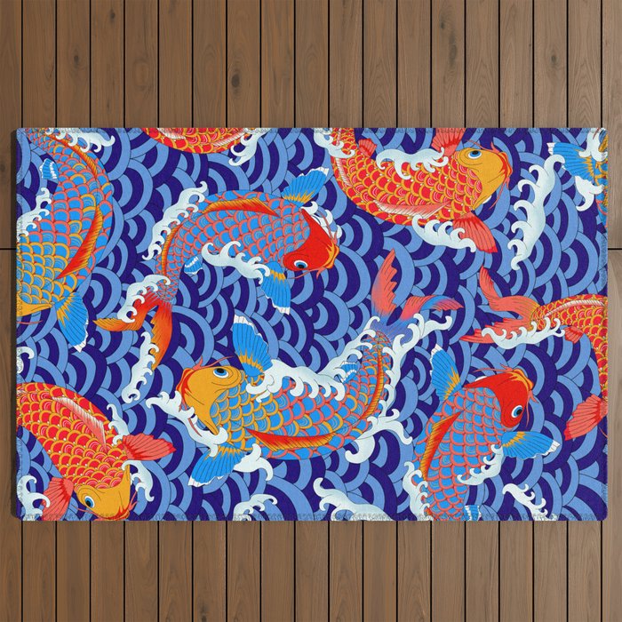 Koi fish / japanese tattoo style pattern Outdoor Rug Gallery Image 2