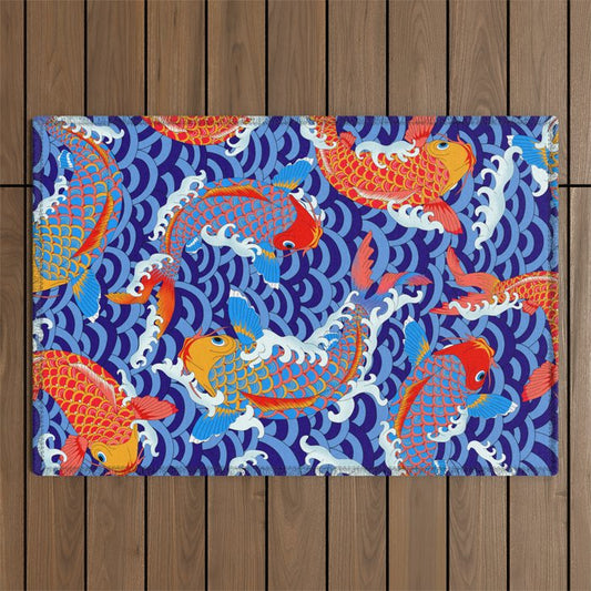 Koi fish / japanese tattoo style pattern Outdoor Rug Gallery Image 1