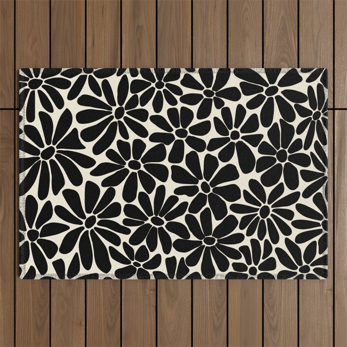 Black and White Retro Floral Art Print Outdoor Rug Gallery Image 1