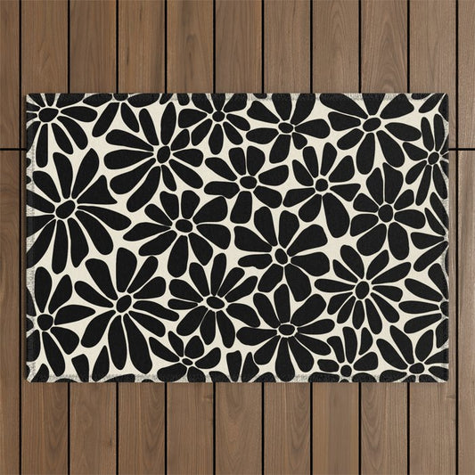 Black and White Retro Floral Art Print Outdoor Rug Gallery Image 1