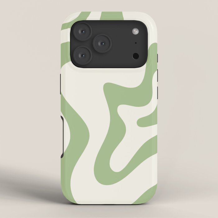 Retro Liquid Swirl Abstract Pattern Square in Light Sage Green and Cream iPhone Case Gallery Image 3
