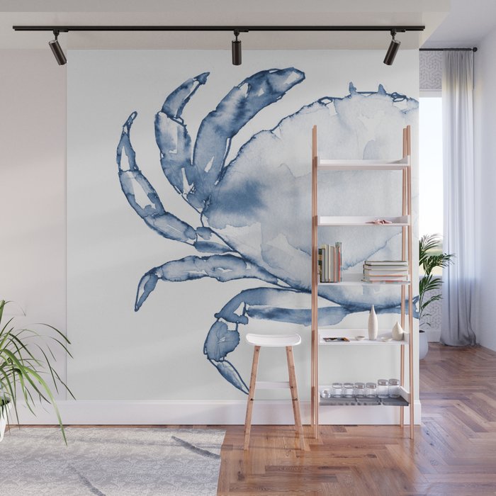 Coastal Crab in Watercolor, Navy Blue (Left Half in Set) Wall Mural Gallery Image 1