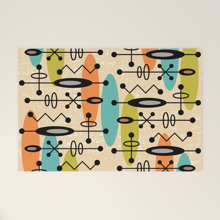 Retro 1950s Style Mid Century Modern Atomic Design 271 Googie Orange Blue and Green Welcome Mat Gallery Image 1