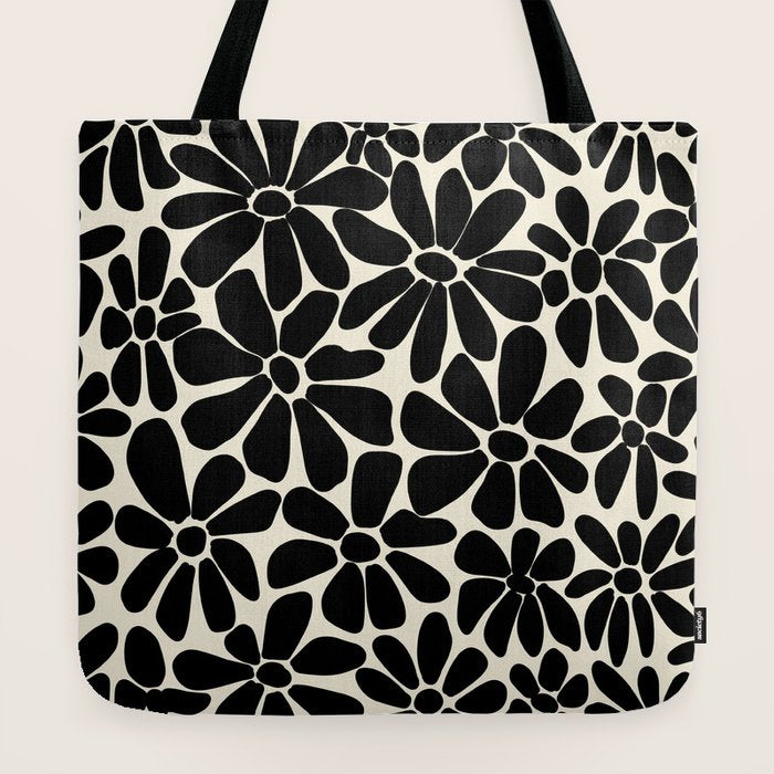 Black and White Retro Floral Art Print Tote Bag Gallery Image 2