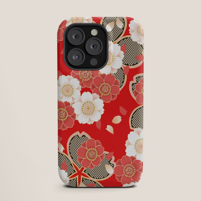 Japanese Vintage Red Black White Floral Kimono Pattern iPhone Case Gallery Image 19
