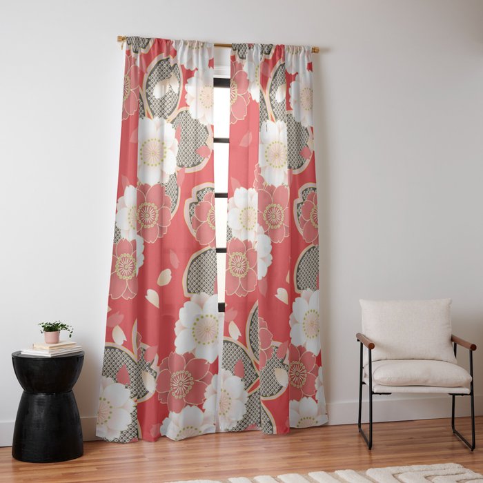 Japanese Vintage Red Black White Floral Kimono Pattern Window Curtain Gallery Image 10