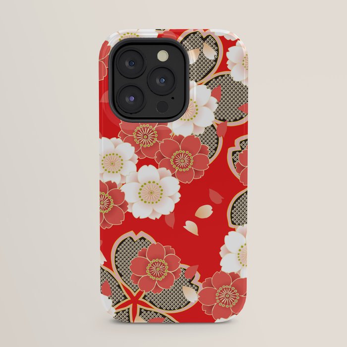 Japanese Vintage Red Black White Floral Kimono Pattern iPhone Case Gallery Image 31