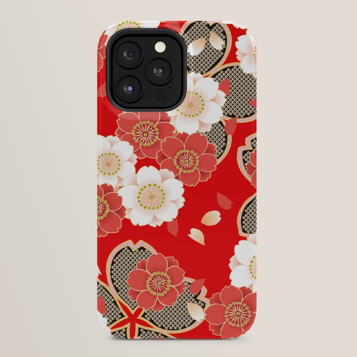 Japanese Vintage Red Black White Floral Kimono Pattern iPhone Case Gallery Image 24