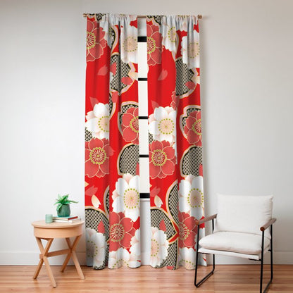 Japanese Vintage Red Black White Floral Kimono Pattern Window Curtain Gallery Image 8