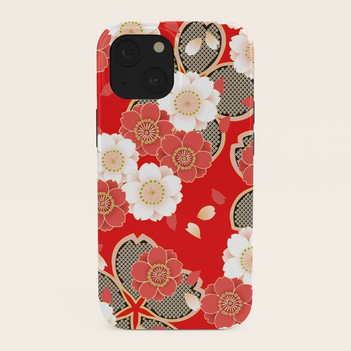Japanese Vintage Red Black White Floral Kimono Pattern iPhone Case Gallery Image 38