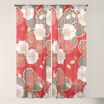 Japanese Vintage Red Black White Floral Kimono Pattern Window Curtain Gallery Image 22