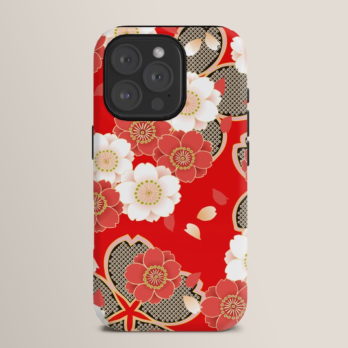 Japanese Vintage Red Black White Floral Kimono Pattern iPhone Case Gallery Image 15