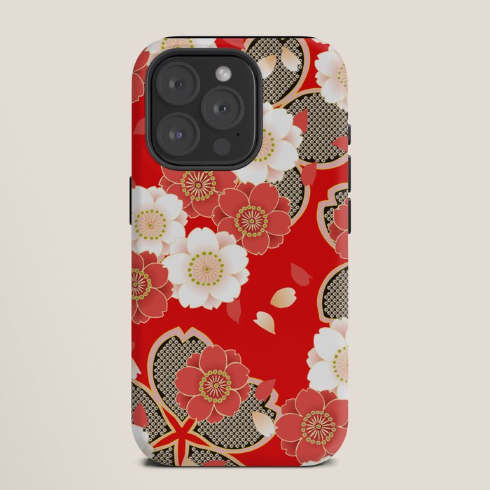 Japanese Vintage Red Black White Floral Kimono Pattern iPhone Case Gallery Image 11